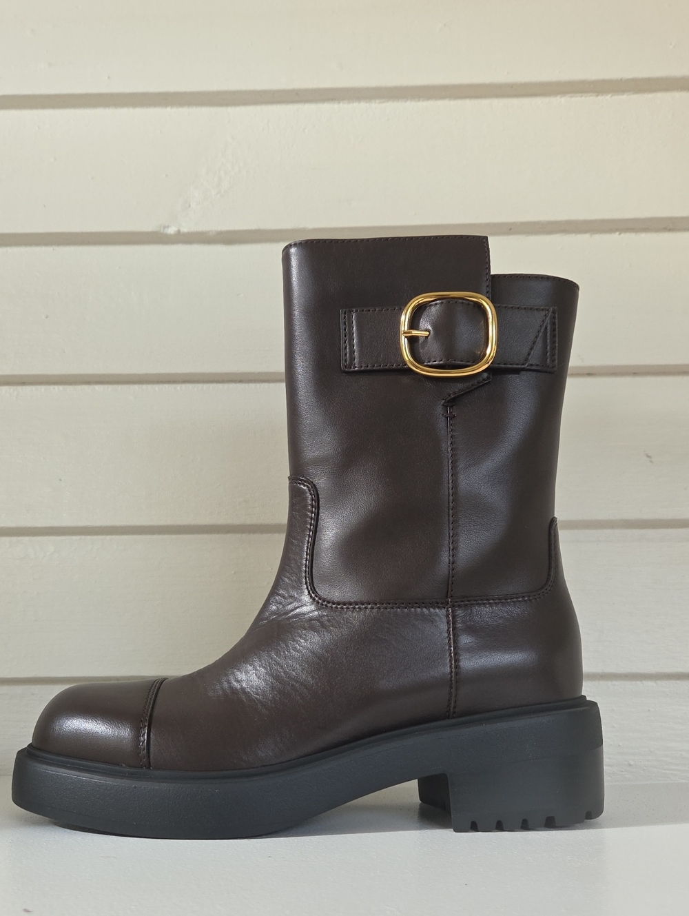 Giuseppe Zanotti Morris Brown Leather Mid-Calf Buckle Boot Size 6.5